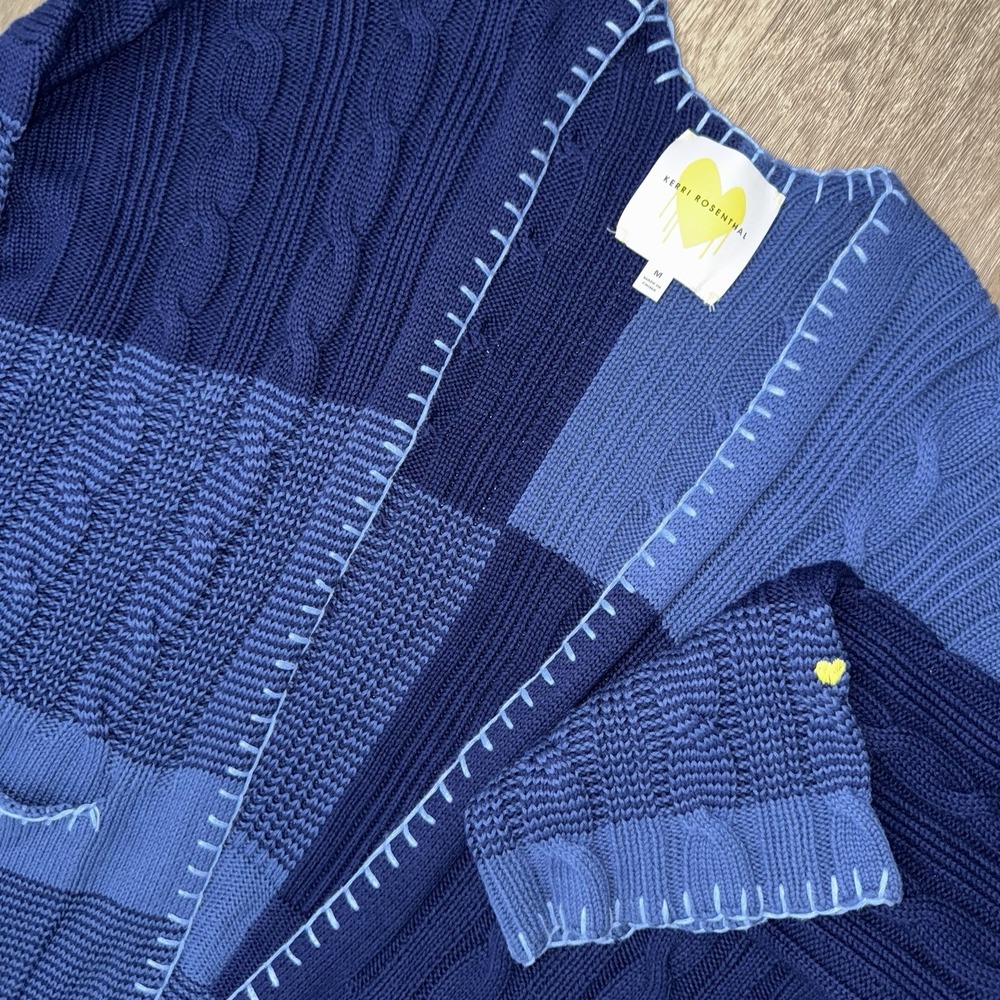 Kerri Rosenthal Blankie Cardigan Cotton Cashmere Blend Blue Women's M Cable Knit